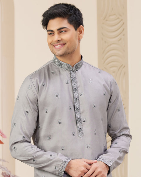 Grey Art Silk Embroidered Readymade Men Kurta Pajama Set