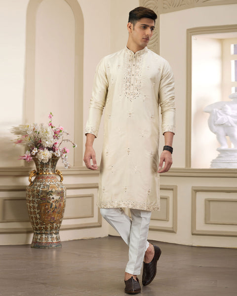 Beige Banarasi Art Silk Mirror Work Readymade Men Kurta Pajama Set