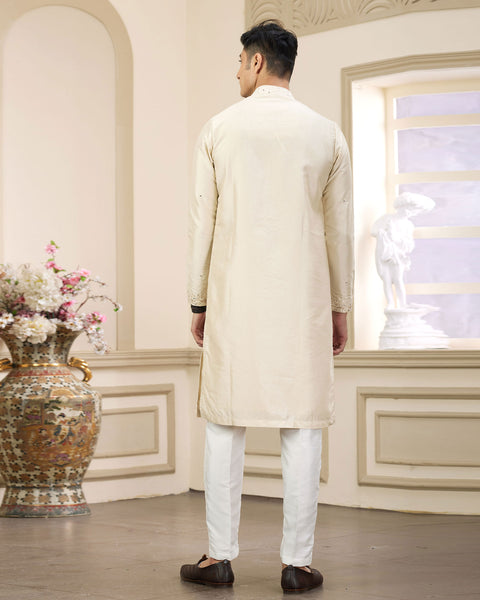 Beige Banarasi Art Silk Mirror Work Readymade Men Kurta Pajama Set