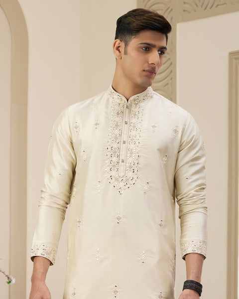 Beige Banarasi Art Silk Mirror Work Readymade Men Kurta Pajama Set