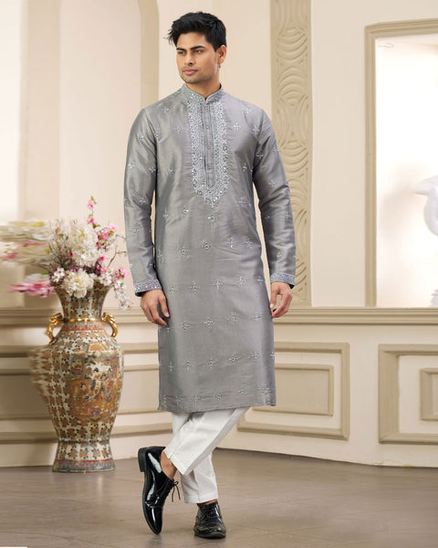 Grey Banarasi Art Silk Mirror Work Readymade Men Kurta Pajama Set