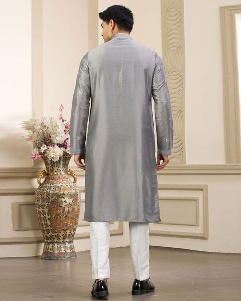 Grey Banarasi Art Silk Mirror Work Readymade Men Kurta Pajama Set