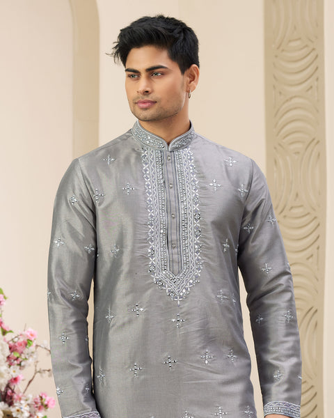 Grey Banarasi Art Silk Mirror Work Readymade Men Kurta Pajama Set