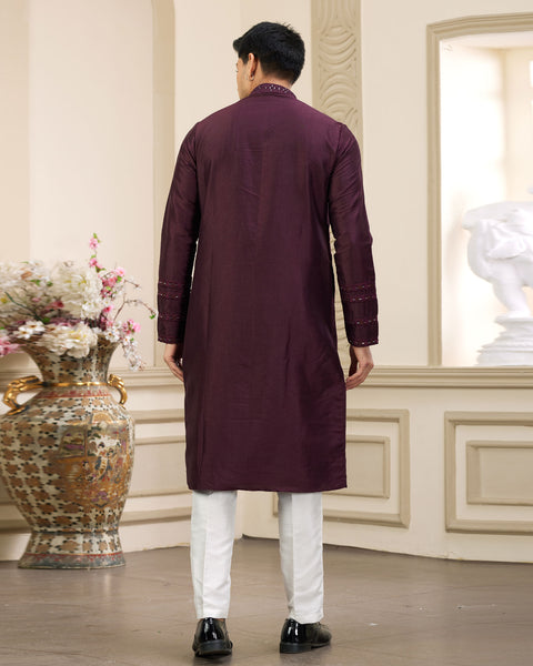 Wine Banarasi Art Silk Mirror Work Readymade Men Kurta Pajama Set