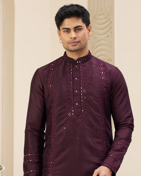 Wine Banarasi Art Silk Mirror Work Readymade Men Kurta Pajama Set