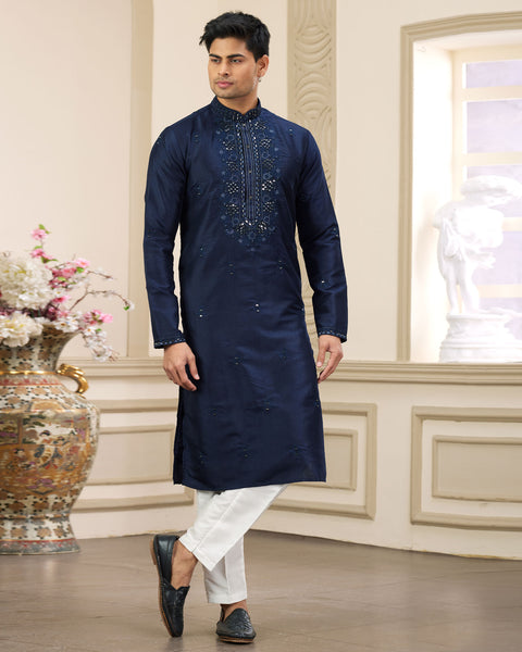 Blue Banarasi Art Silk Mirror Work Readymade Men Kurta Pajama Set