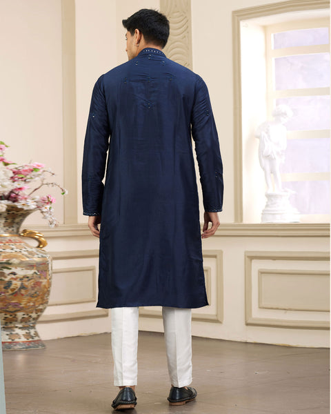 Blue Banarasi Art Silk Mirror Work Readymade Men Kurta Pajama Set