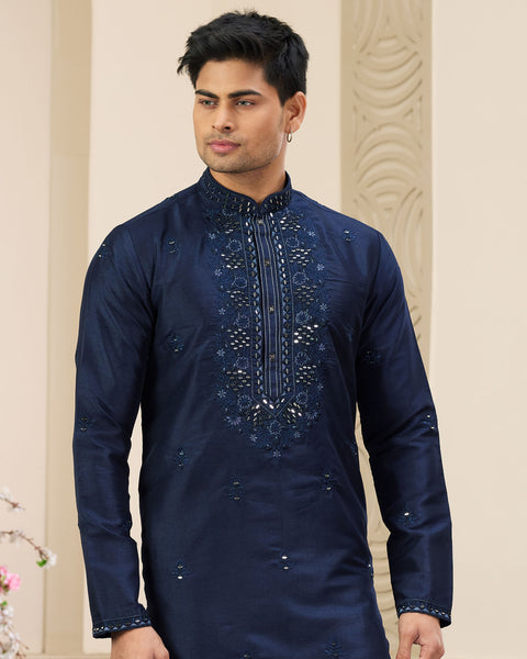Blue Banarasi Art Silk Mirror Work Readymade Men Kurta Pajama Set