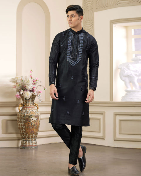 Black Banarasi Art Silk Mirror Work Readymade Men Kurta Pajama Set