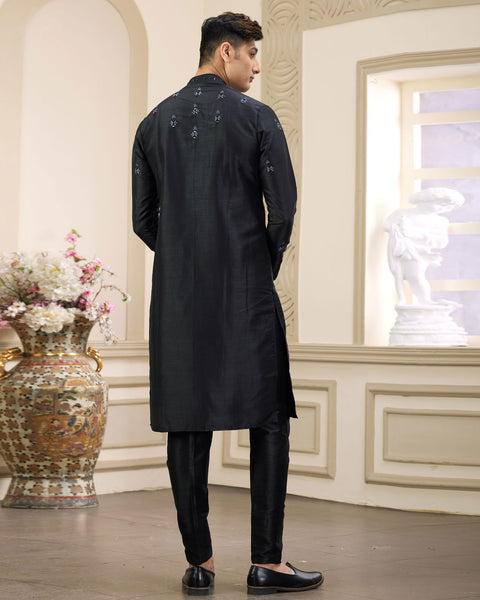 Black Banarasi Art Silk Mirror Work Readymade Men Kurta Pajama Set