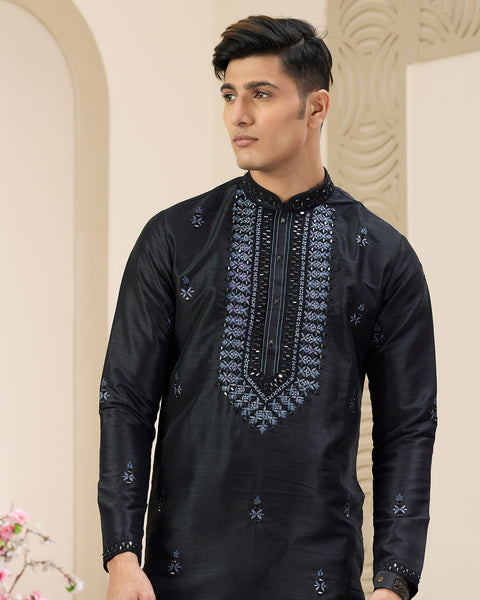 Black Banarasi Art Silk Mirror Work Readymade Men Kurta Pajama Set