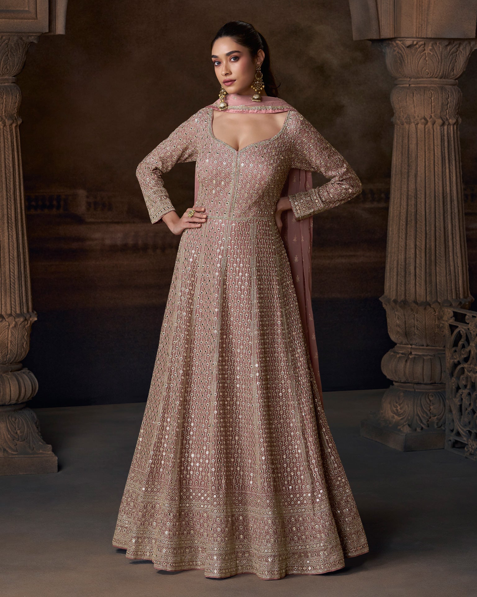 Pink Mirror &  Zari Work Georgette Women Readymade Anarkali Frock Suit