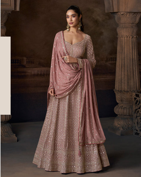 Pink Mirror &  Zari Work Georgette Women Readymade Anarkali Frock Suit