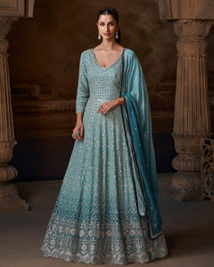 Blue Mirror &  Zari Work Georgette Women Readymade Anarkali Frock Suit