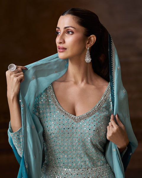 Blue Mirror &  Zari Work Georgette Women Readymade Anarkali Frock Suit