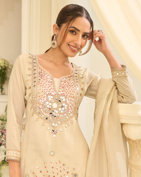 Cream Simar Silk Mirror Work Readymade Woman Sharara Suit