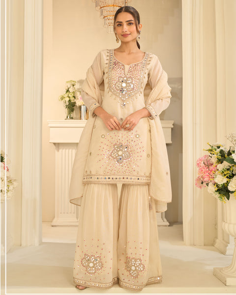 Cream Simar Silk Mirror Work Readymade Woman Sharara Suit
