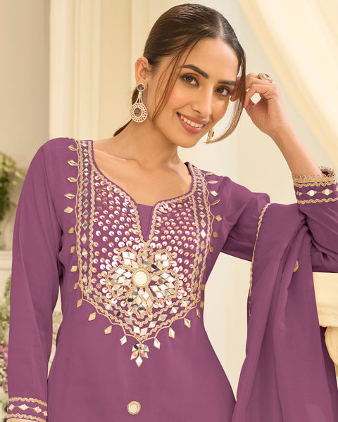Purple Simar Silk Mirror Work Readymade Woman Sharara Suit