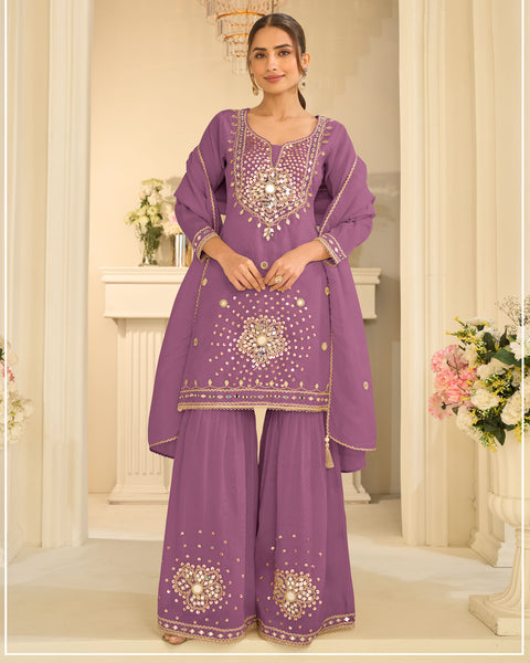 Purple Simar Silk Mirror Work Readymade Woman Sharara Suit