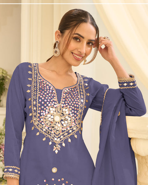 Blue Simar Silk Mirror Work Readymade Woman Sharara Suit