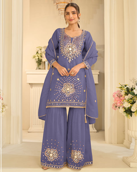 Blue Simar Silk Mirror Work Readymade Woman Sharara Suit