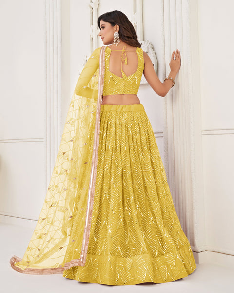 Yellow Mirror & Sequins Work Net Lehenga Choli With Embroidered Dupatta