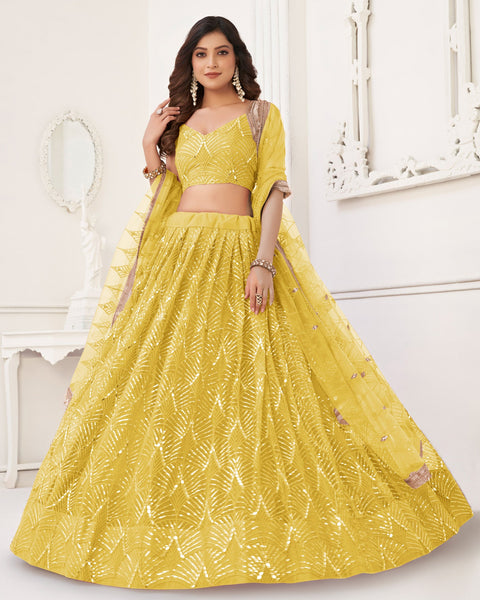 Yellow Mirror & Sequins Work Net Lehenga Choli With Embroidered Dupatta