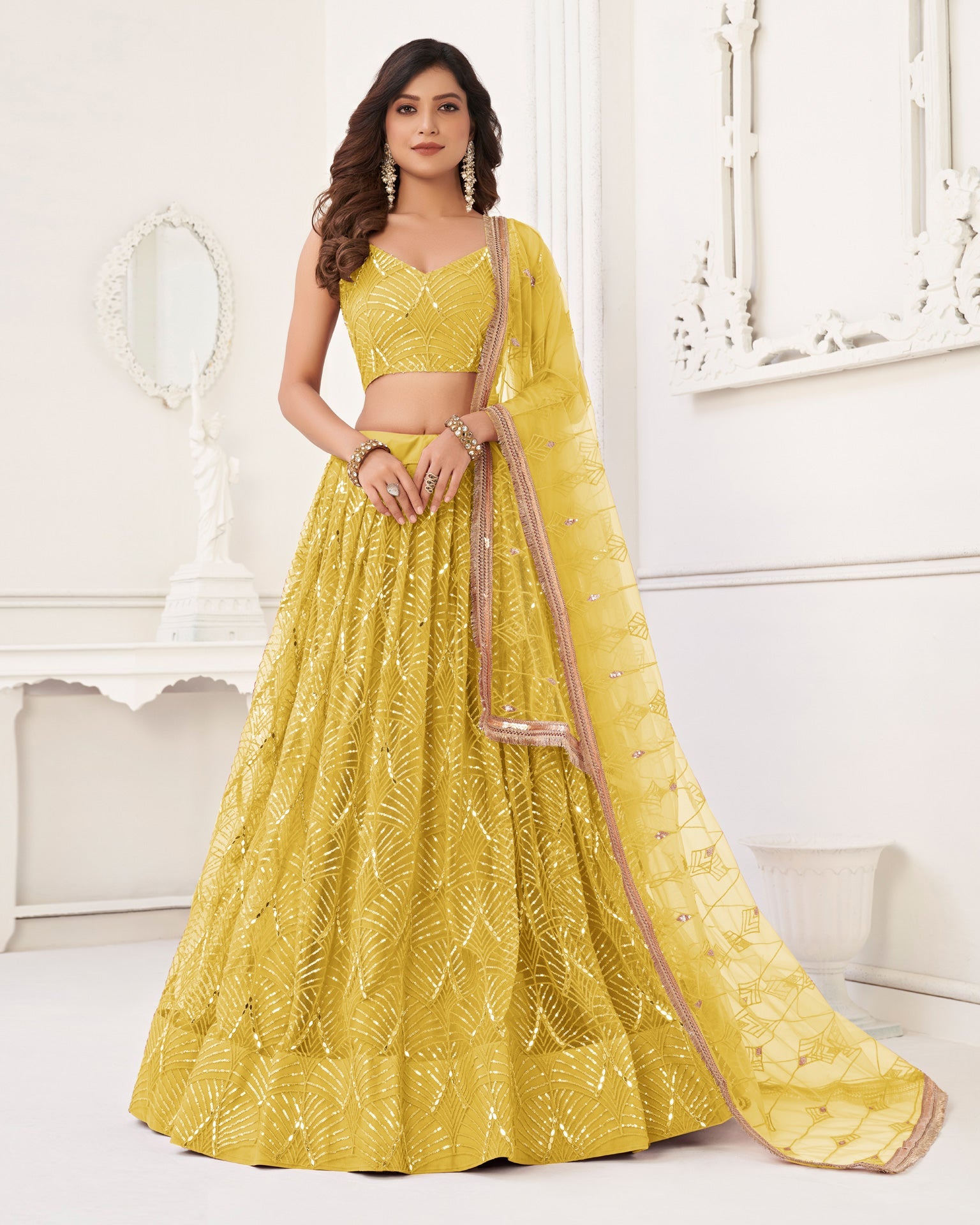 Yellow Mirror & Sequins Work Net Lehenga Choli With Embroidered Dupatta