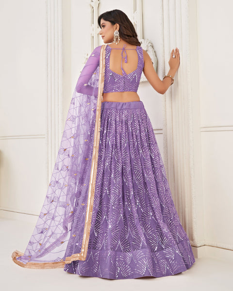 Purple Mirror & Sequins Work Net Lehenga Choli With Embroidered Dupatta