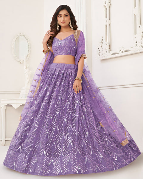 Purple Mirror & Sequins Work Net Lehenga Choli With Embroidered Dupatta