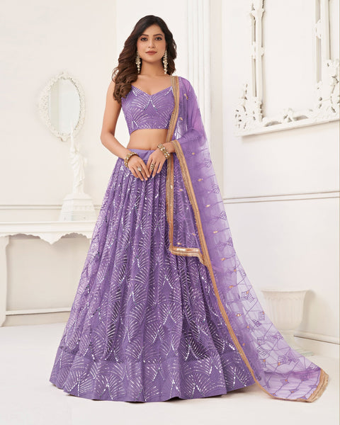 Purple Mirror & Sequins Work Net Lehenga Choli With Embroidered Dupatta