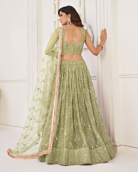 Green Mirror & Sequins Work Net Lehenga Choli With Embroidered Dupatta