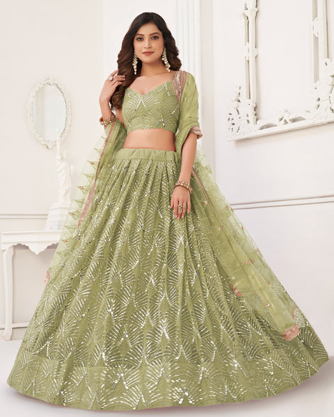 Green Mirror & Sequins Work Net Lehenga Choli With Embroidered Dupatta