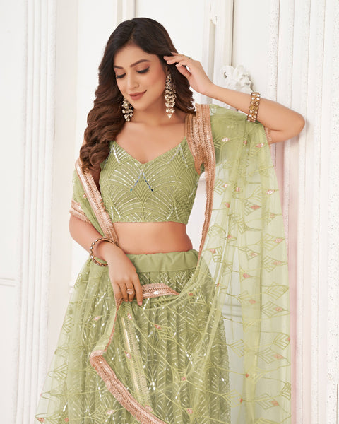 Green Mirror & Sequins Work Net Lehenga Choli With Embroidered Dupatta