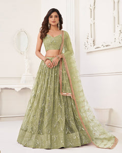 Green Mirror & Sequins Work Net Lehenga Choli With Embroidered Dupatta