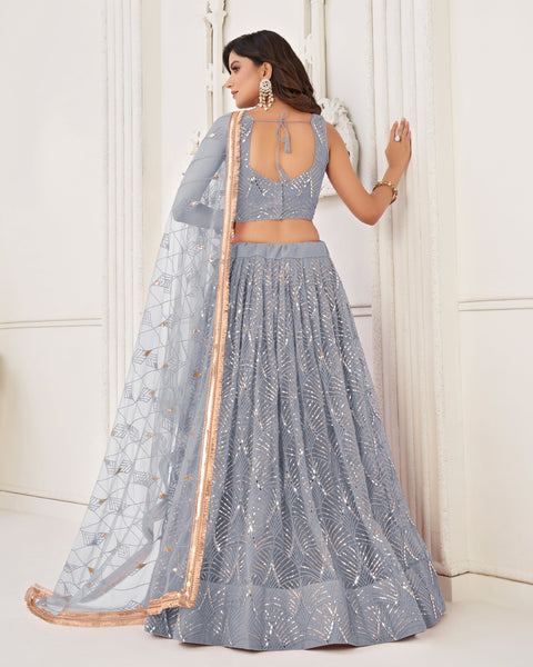 Grey Mirror & Sequins Work Net Lehenga Choli With Embroidered Dupatta