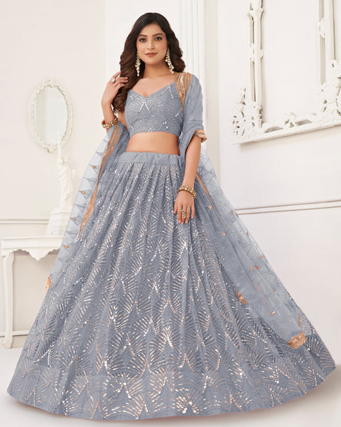 Grey Mirror & Sequins Work Net Lehenga Choli With Embroidered Dupatta