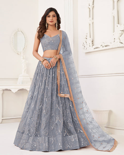 Grey Mirror & Sequins Work Net Lehenga Choli With Embroidered Dupatta