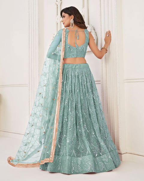 Sea Green Mirror & Sequins Work Net Lehenga Choli With Embroidered Dupatta