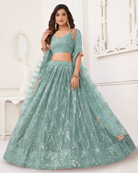 Sea Green Mirror & Sequins Work Net Lehenga Choli With Embroidered Dupatta