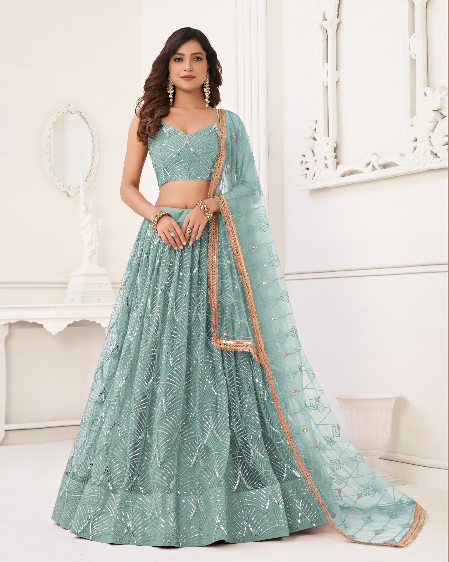 Sea Green Mirror & Sequins Work Net Lehenga Choli With Embroidered Dupatta