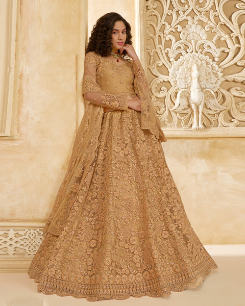 Beige Net Thread & Stone Work Women Unstitched Lehenga Choli With Net Dupatta