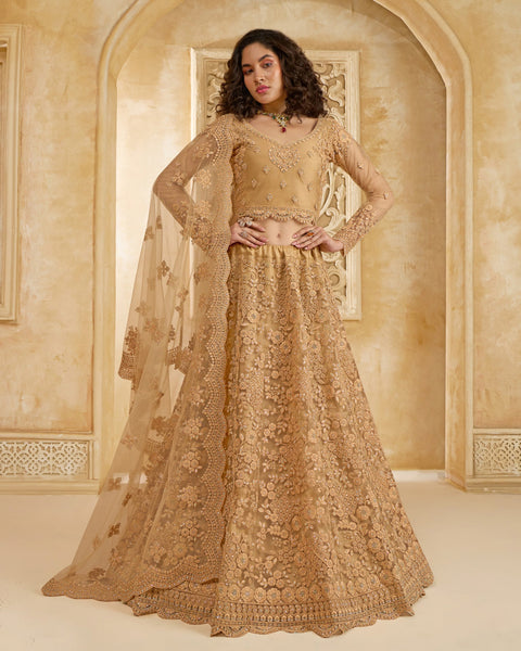Beige Net Thread & Stone Work Women Unstitched Lehenga Choli With Net Dupatta