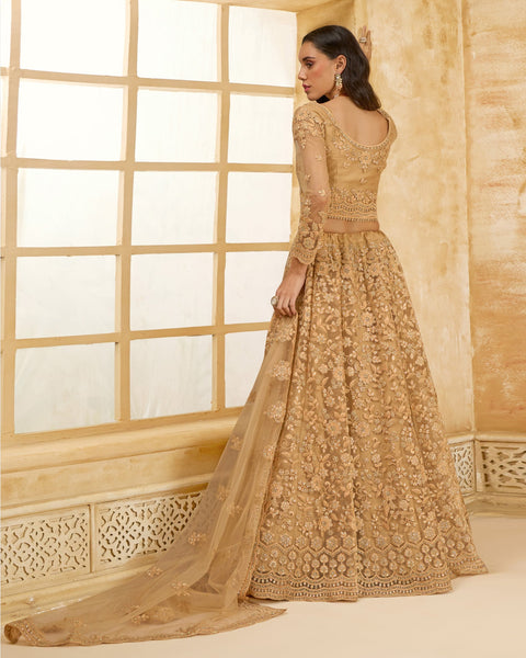 Beige Net Thread & Stone Work Women Unstitched Lehenga Choli With Net Dupatta