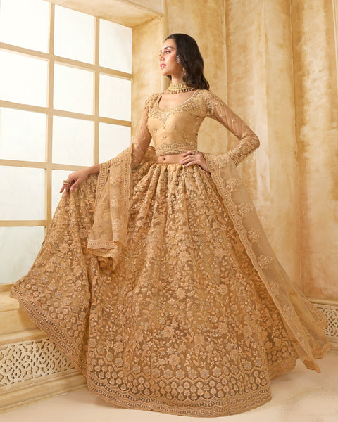 Beige Net Thread & Stone Work Women Unstitched Lehenga Choli With Net Dupatta