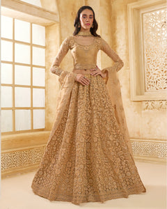 Beige Net Thread & Stone Work Women Unstitched Lehenga Choli With Net Dupatta