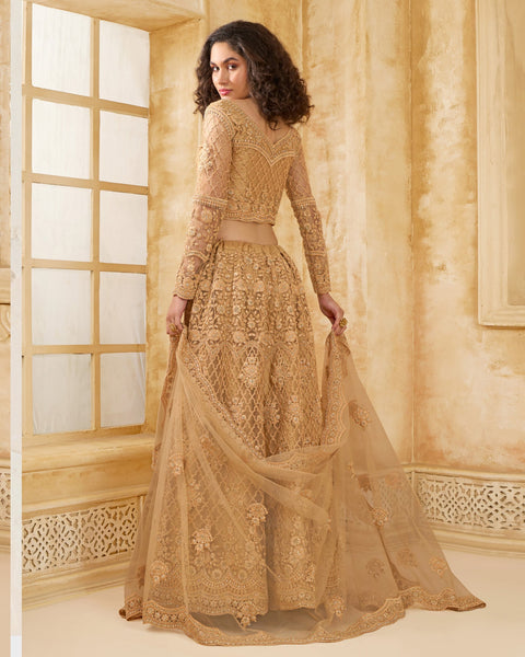 Beige Net Thread & Stone Work Women Unstitched Lehenga Choli With Net Dupatta