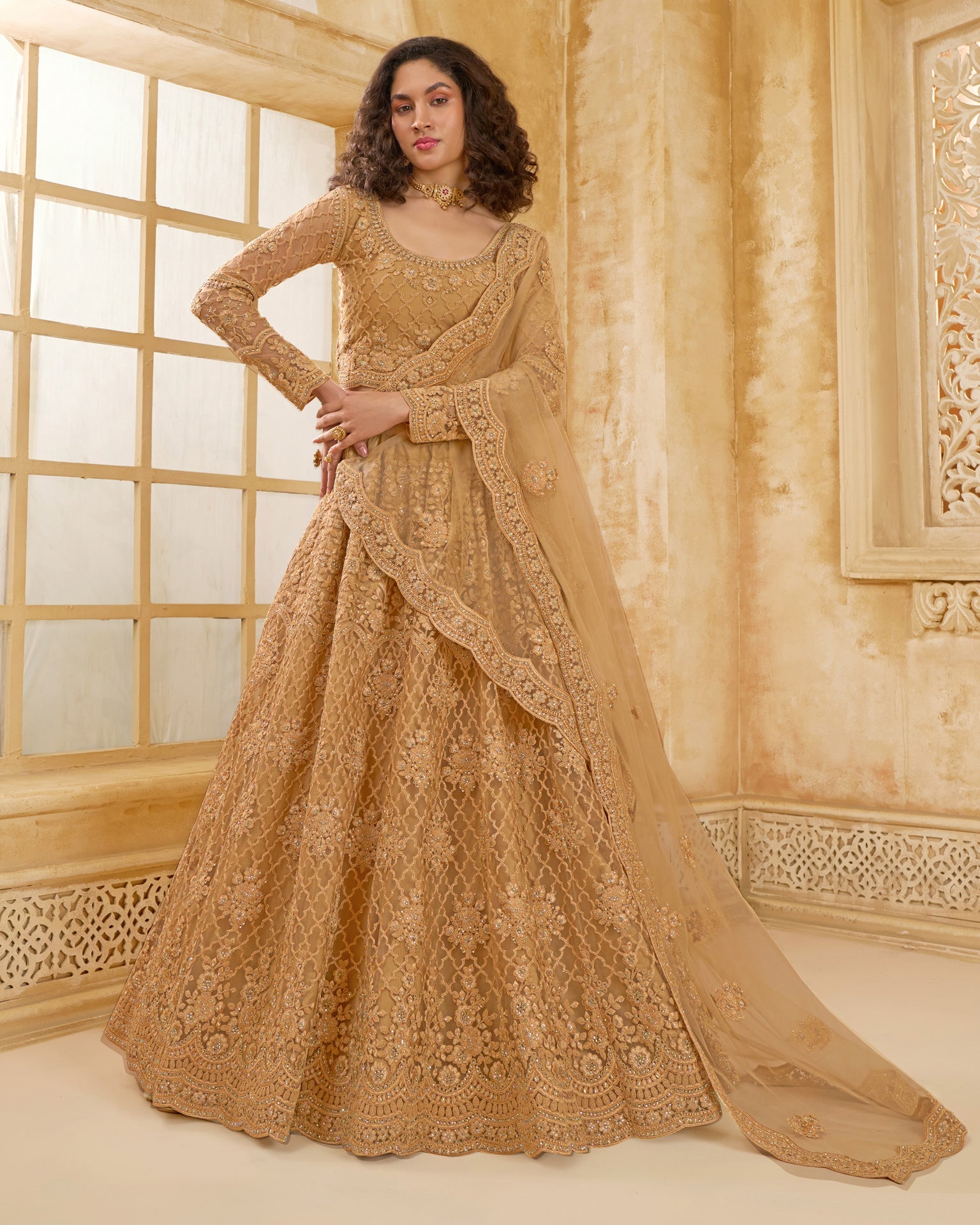 Beige Net Thread & Stone Work Women Unstitched Lehenga Choli With Net Dupatta