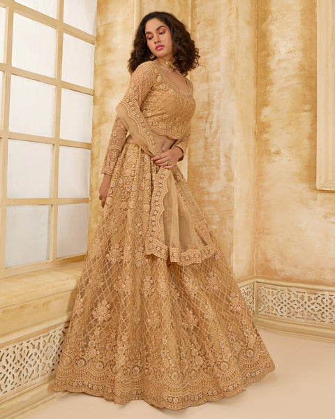 Beige Net Thread & Stone Work Women Unstitched Lehenga Choli With Net Dupatta