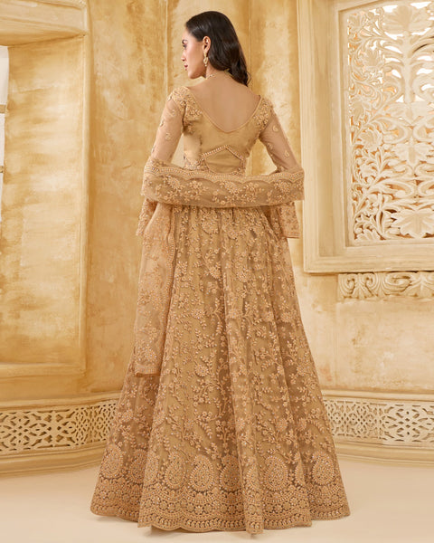 Beige Net Thread & Stone Work Women Unstitched Lehenga Choli With Net Dupatta
